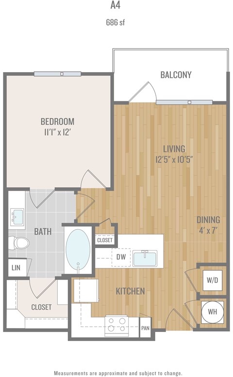 Floor plan for 1 bed, 1 bath, 686 sqft